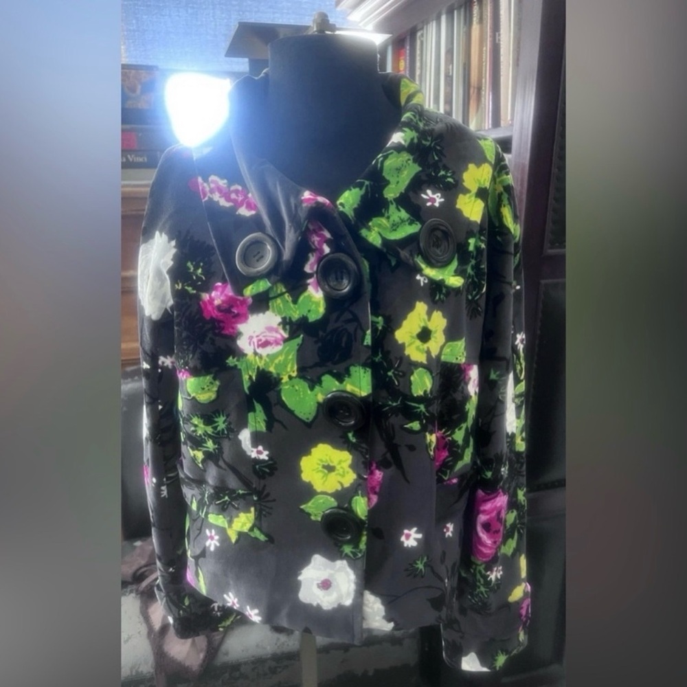 Vintage Carlisle Black Floral Cropped Pea Coat with Pink & Green Accents video - Picture 7 of 13